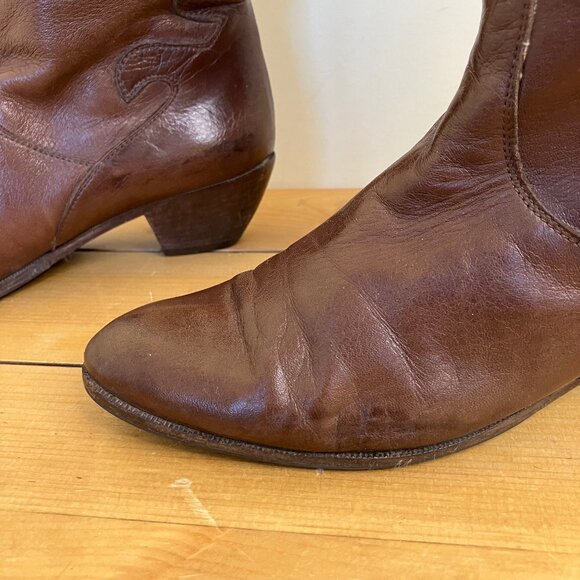 Sesto Meucci Brown Leather Tall Boots Vintage Made in Italy Boho Western Style - Picture 5 of 9